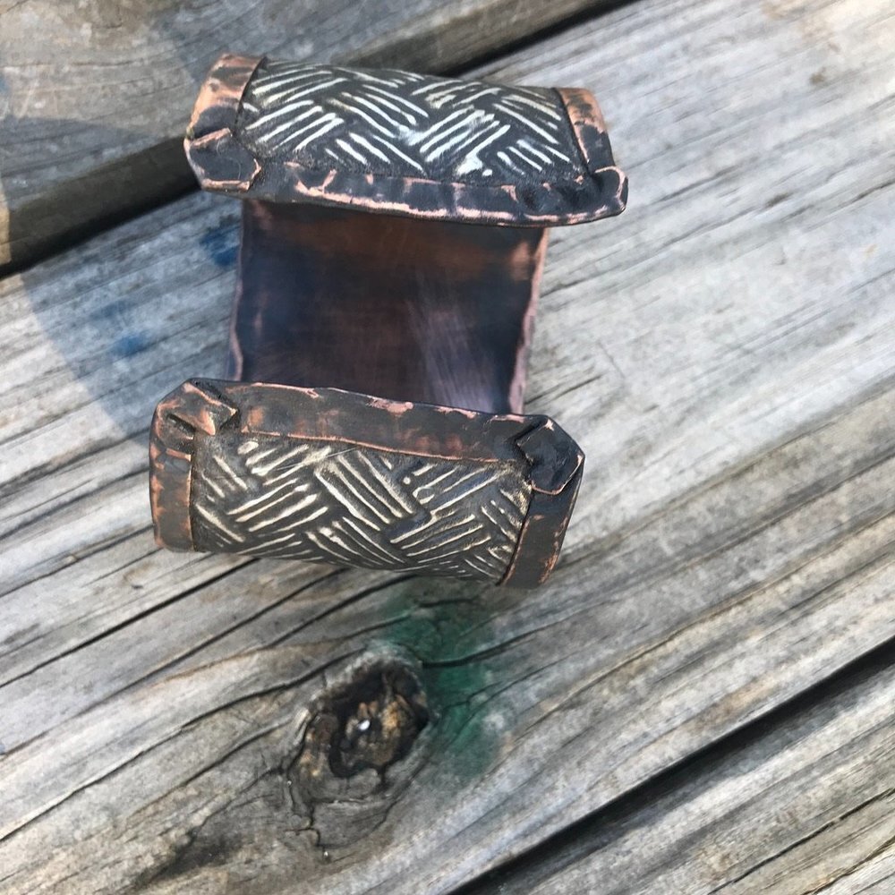 Woven Weave Embossed Sterling Silver 925 Copper Cuff Wide Rustic Handmade - Picture 10 of 13